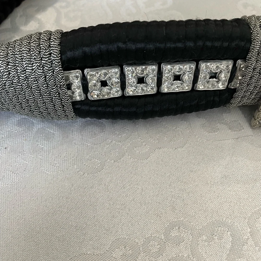 Women’s: Art Deco silver Rhinestone emblished Black Belt . 34 1/4 “